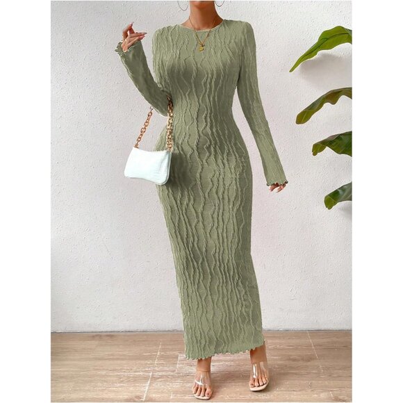 Women's Knit Maxi Dress Long Sleeve Backless Bodycon Fall Winter Green Large - Picture 3 of 6